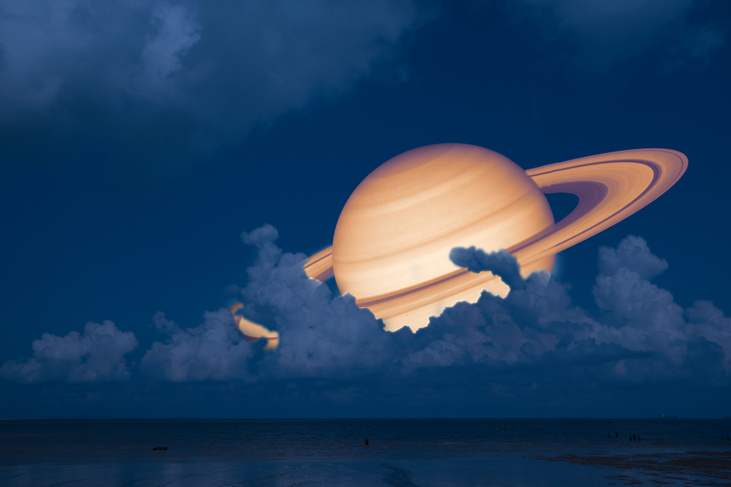 Saturn back night cloud on sea ,concept Saturn near Earth